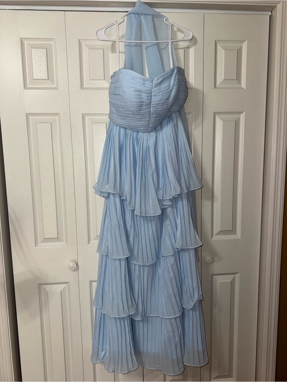 Light Blue Strapless Tiered Chiffon Gown